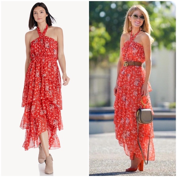 NEW MISA Los Angeles Halter Neck Ruffle Tiered Floral Maxi Dress Red Boho Summer - Picture 9 of 16